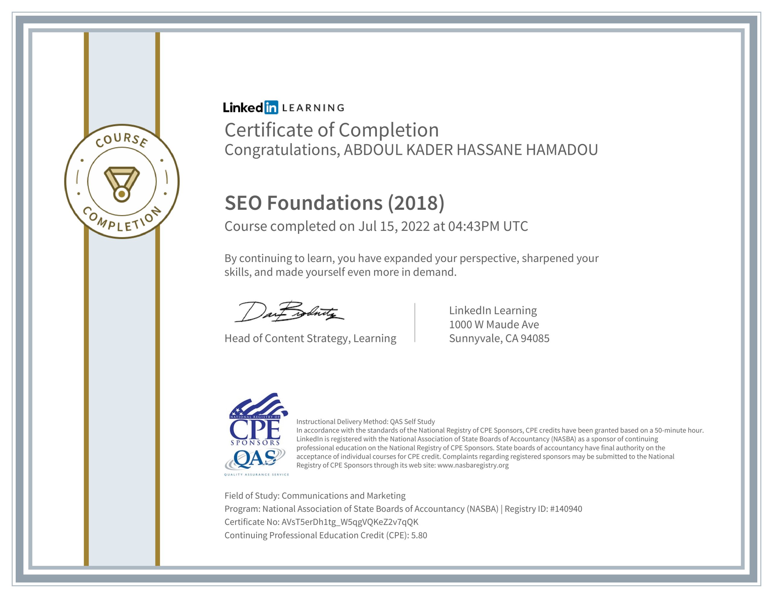 Abdoul Kader Hassane Hamadou Ceo-Fondateur 13 | Kasuwa Digital CertificateOfCompletion_SEO Foundations 2018(1)