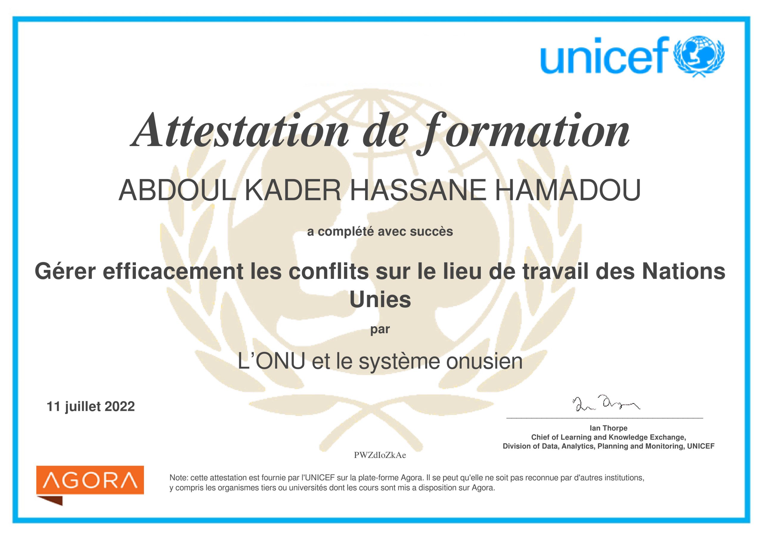 Abdoul Kader Hassane Hamadou Ceo-Fondateur 11 | Kasuwa Digital Gérer efficacement les conflits sur le lieu de travail de l’ONU_Attestation de formation - gérer les conflits
