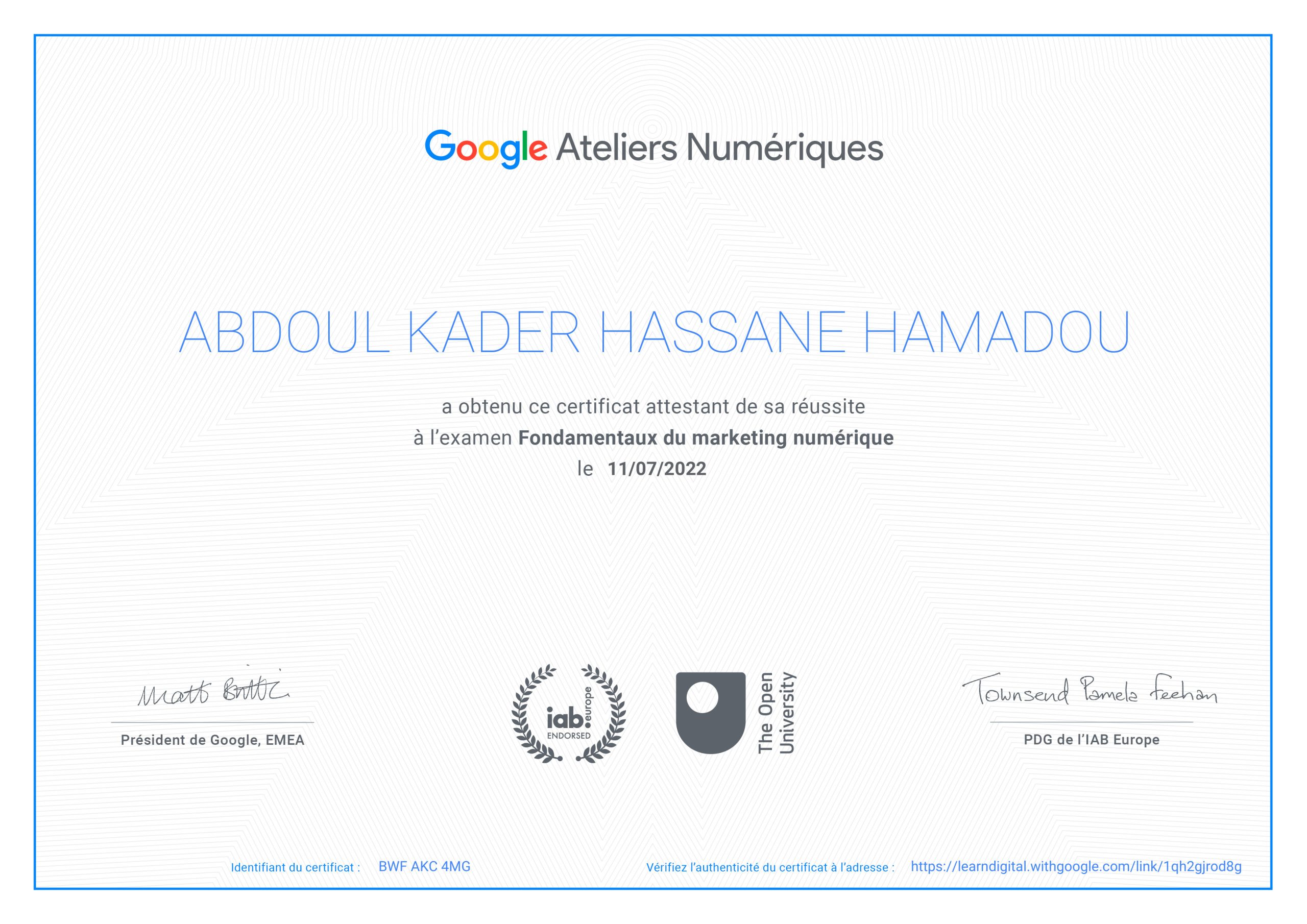 Abdoul Kader Hassane Hamadou Ceo-Fondateur 16 | Kasuwa Digital HASSANE HAMDOU ABDOUL KADER Fondamentaux du marketing numérique certificate (BWF AKC 4MG)